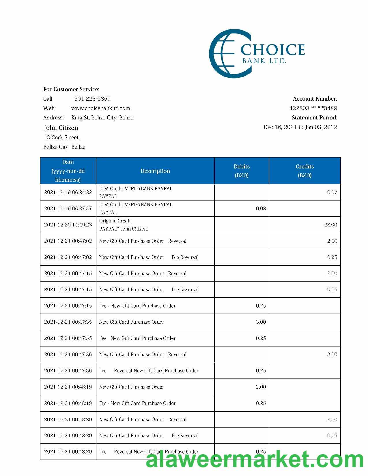 Belize Choice Bank statement